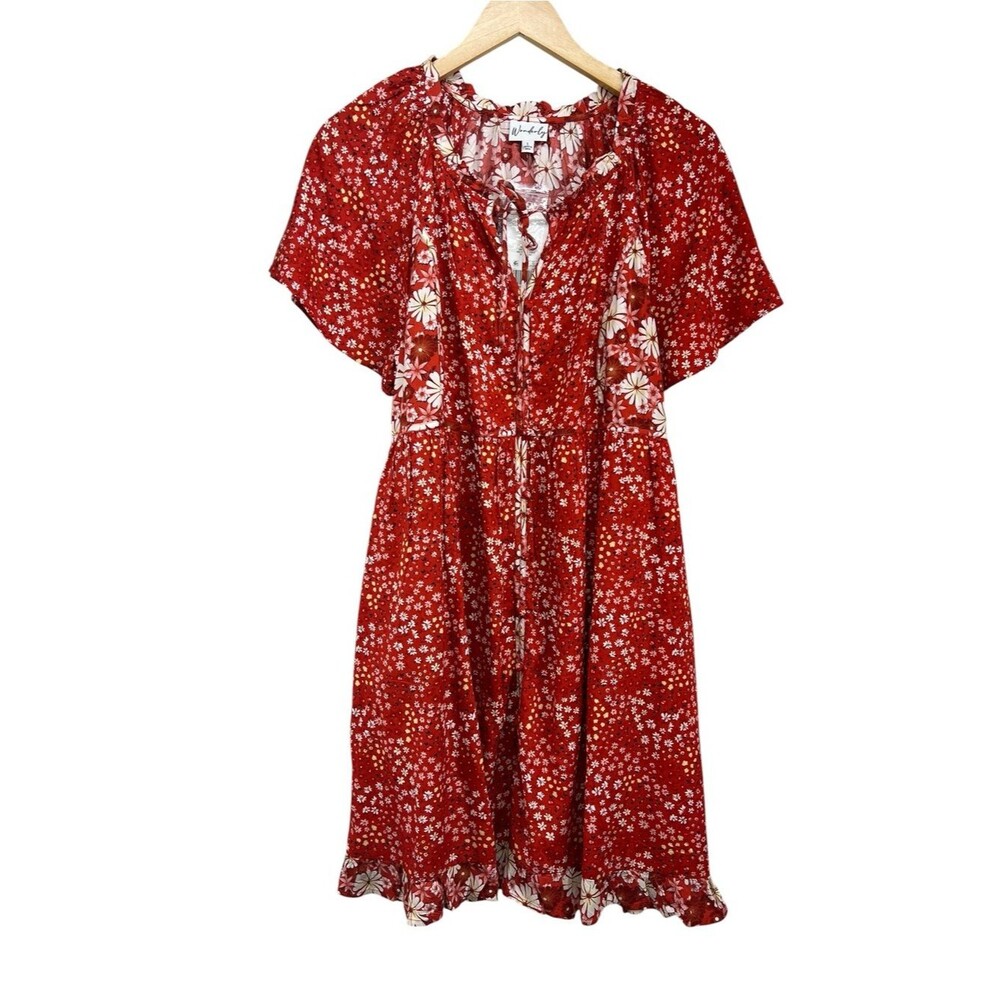 Wonderly Red Flower Field Mini Dress Boho Flowy Prairie Womens Large NWT
